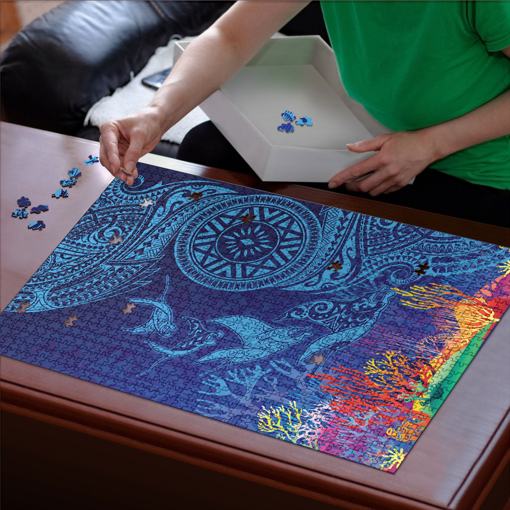 Fijian Tribal Manta Ray Puzzle Masi Motif with Coral Reef Ocean Vibe LT03 - Polynesian Pride