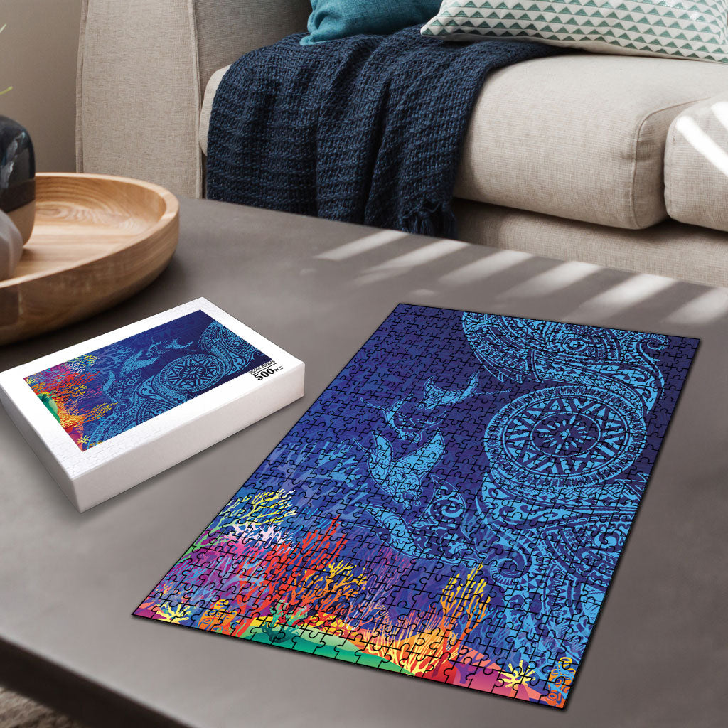 Fijian Tribal Manta Ray Puzzle Masi Motif with Coral Reef Ocean Vibe LT03 - Polynesian Pride
