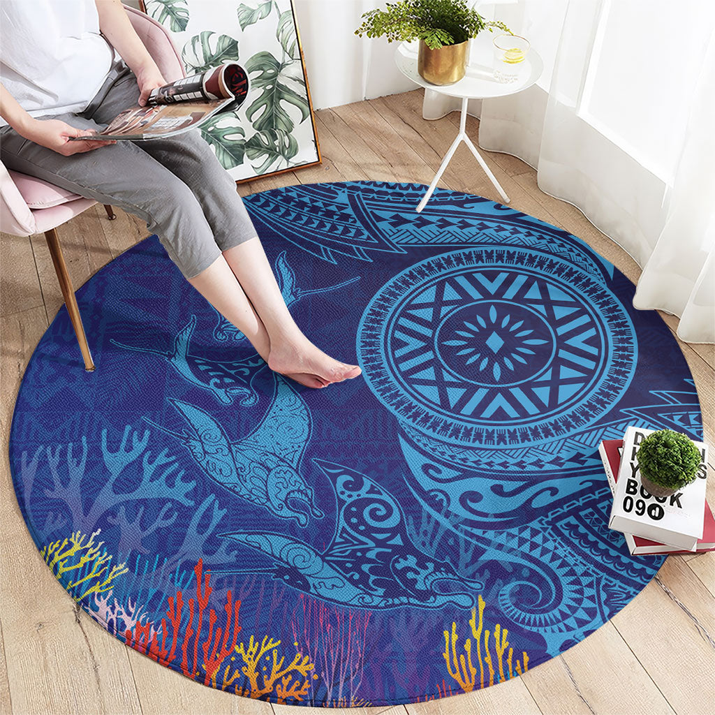 Fijian Tribal Manta Ray Round Carpet Masi Motif with Coral Reef Ocean Vibe LT03 - Polynesian Pride