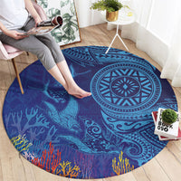 Fijian Tribal Manta Ray Round Carpet Masi Motif with Coral Reef Ocean Vibe LT03 - Polynesian Pride