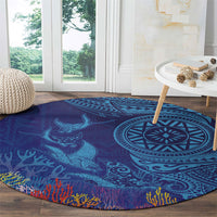 Fijian Tribal Manta Ray Round Carpet Masi Motif with Coral Reef Ocean Vibe LT03 - Polynesian Pride