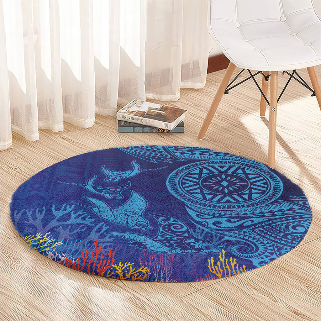 Fijian Tribal Manta Ray Round Carpet Masi Motif with Coral Reef Ocean Vibe LT03 - Polynesian Pride