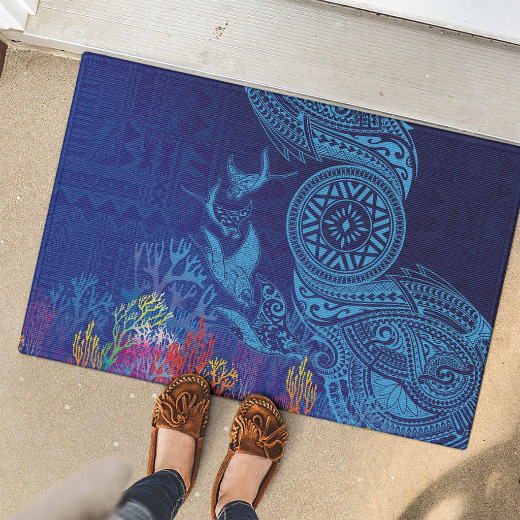 Fijian Tribal Manta Ray Rubber Doormat Masi Motif with Coral Reef Ocean Vibe LT03 - Polynesian Pride