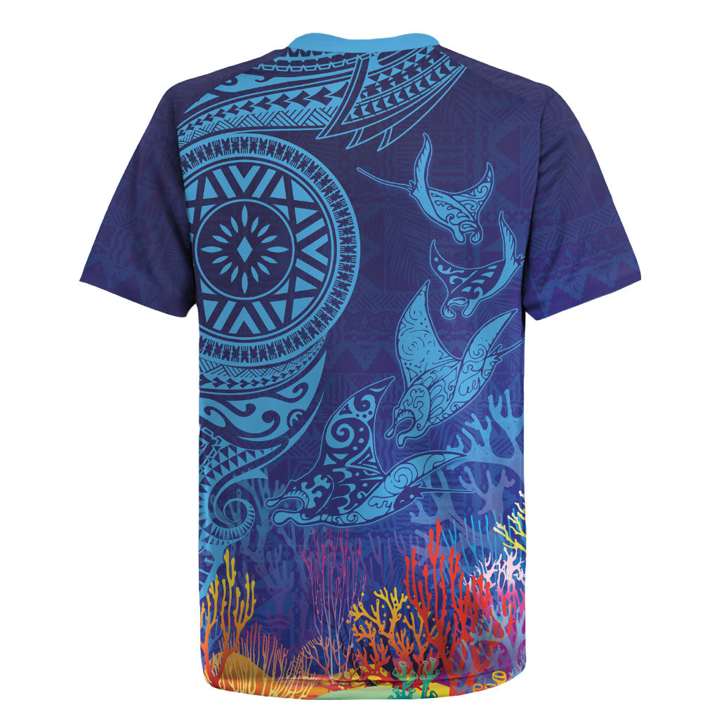Fijian Tribal Manta Ray Rugby Jersey Masi Motif with Coral Reef Ocean Vibe LT03 - Polynesian Pride