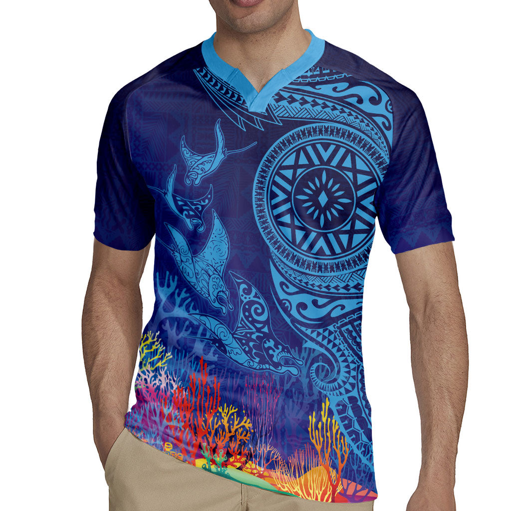 Fijian Tribal Manta Ray Rugby Jersey Masi Motif with Coral Reef Ocean Vibe LT03 - Polynesian Pride