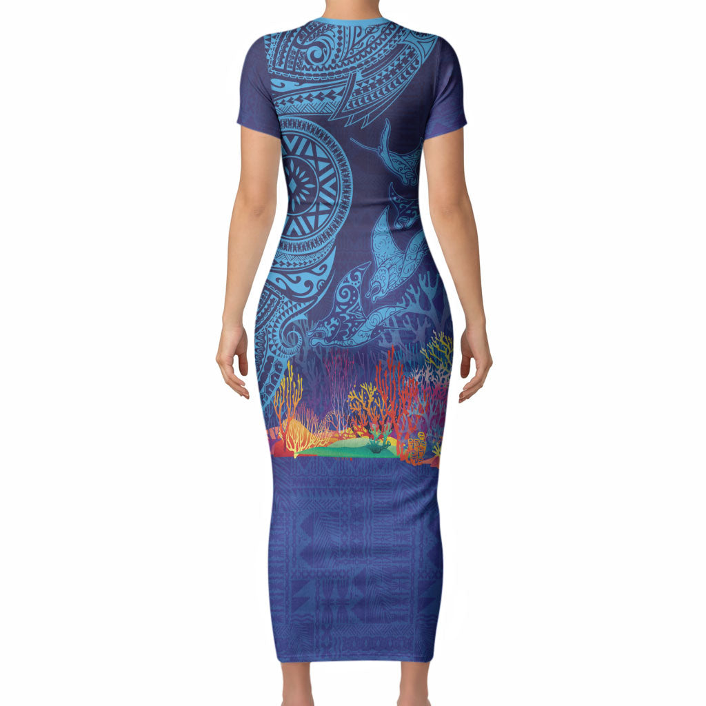 Fijian Tribal Manta Ray Short Sleeve Bodycon Dress Masi Motif with Coral Reef Ocean Vibe LT03 - Polynesian Pride
