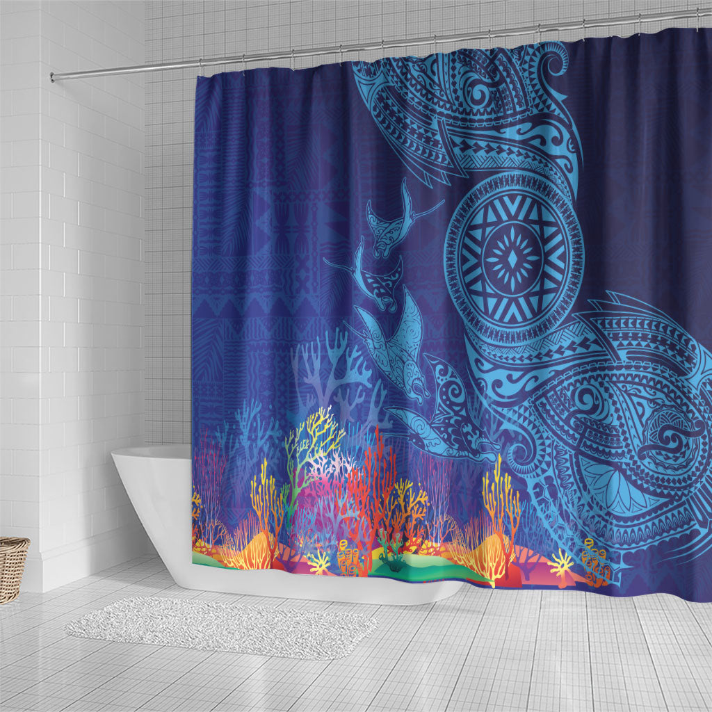 Fijian Tribal Manta Ray Shower Curtain Masi Motif with Coral Reef Ocean Vibe LT03 - Polynesian Pride