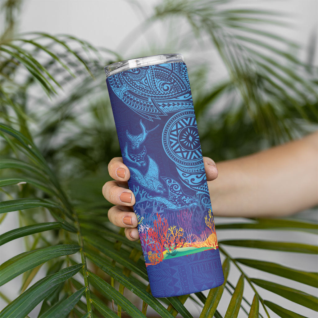 Fijian Tribal Manta Ray Skinny Tumbler Masi Motif with Coral Reef Ocean Vibe LT03 - Polynesian Pride