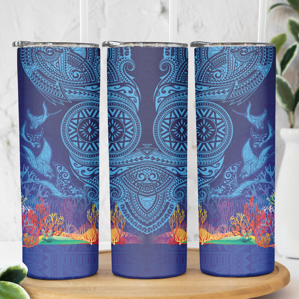 Fijian Tribal Manta Ray Skinny Tumbler Masi Motif with Coral Reef Ocean Vibe LT03 - Polynesian Pride