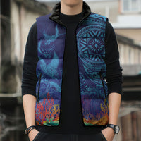Fijian Tribal Manta Ray Sleeveless Puffer Jacket Masi Motif with Coral Reef Ocean Vibe LT03 - Polynesian Pride