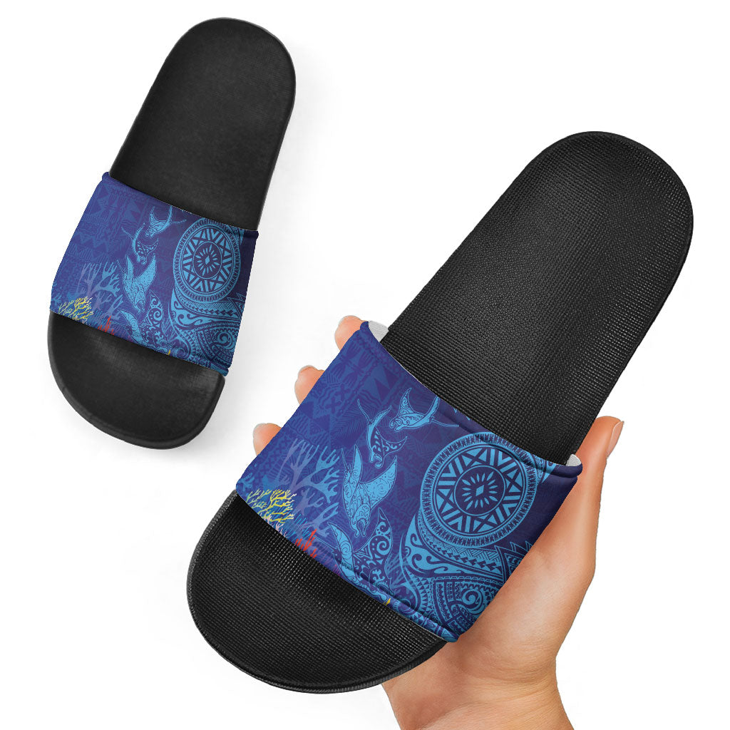 Fijian Tribal Manta Ray Slide Sandals Masi Motif with Coral Reef Ocean Vibe LT03 - Polynesian Pride