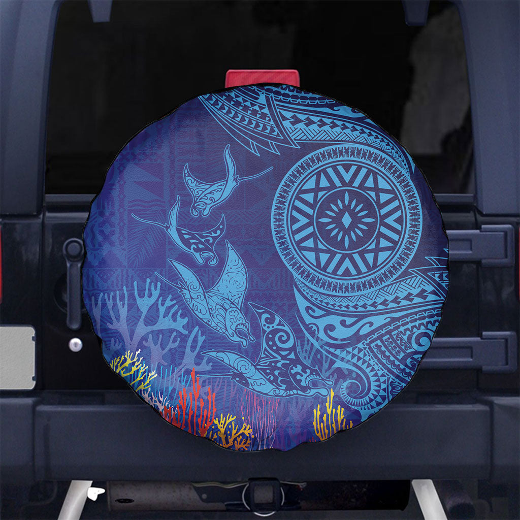 Fijian Tribal Manta Ray Spare Tire Cover Masi Motif with Coral Reef Ocean Vibe LT03 No hole Blue - Polynesian Pride
