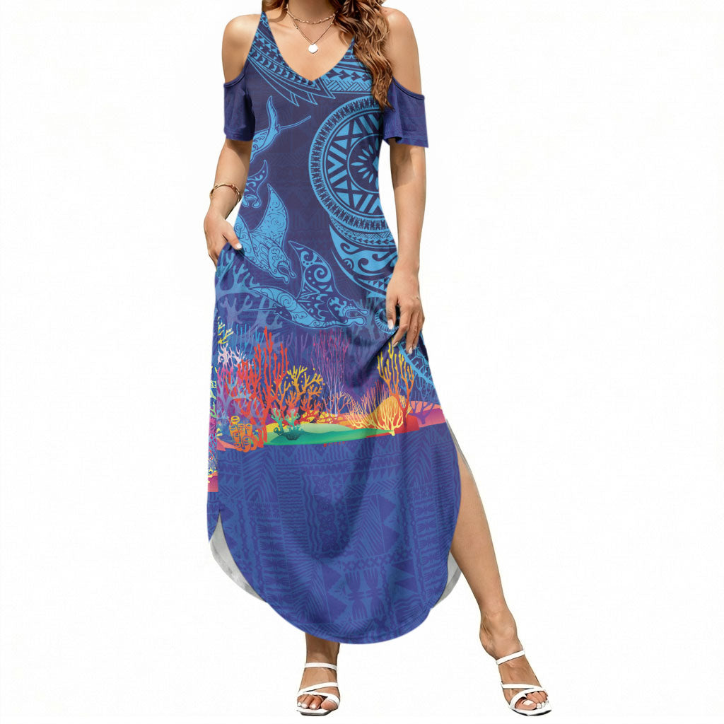 Fijian Tribal Manta Ray Summer Maxi Dress Masi Motif with Coral Reef Ocean Vibe LT03 Women Blue - Polynesian Pride