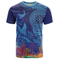 Fijian Tribal Manta Ray T Shirt Masi Motif with Coral Reef Ocean Vibe LT03 Blue - Polynesian Pride