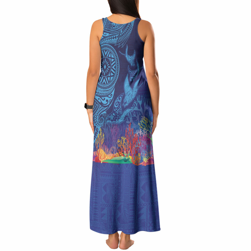 Fijian Tribal Manta Ray Tank Maxi Dress Masi Motif with Coral Reef Ocean Vibe LT03 - Polynesian Pride