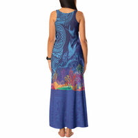 Fijian Tribal Manta Ray Tank Maxi Dress Masi Motif with Coral Reef Ocean Vibe LT03 - Polynesian Pride