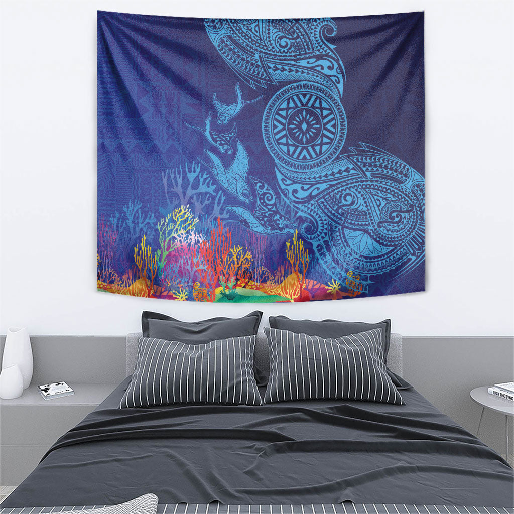 Fijian Tribal Manta Ray Tapestry Masi Motif with Coral Reef Ocean Vibe LT03 - Polynesian Pride