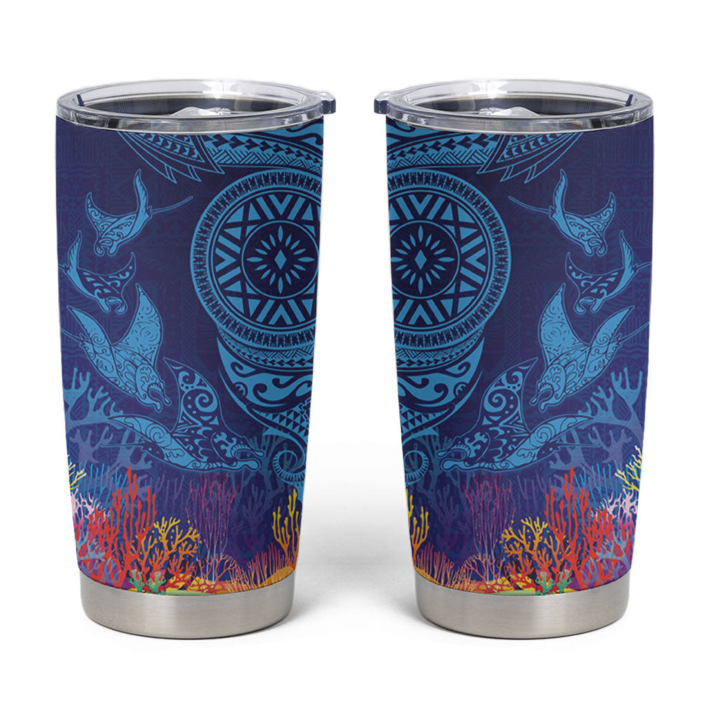 Fijian Tribal Manta Ray Tumbler Cup Masi Motif with Coral Reef Ocean Vibe LT03 Blue - Polynesian Pride