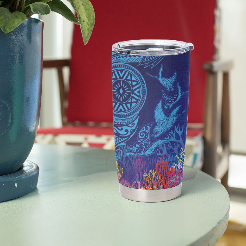 Fijian Tribal Manta Ray Tumbler Cup Masi Motif with Coral Reef Ocean Vibe LT03 - Polynesian Pride