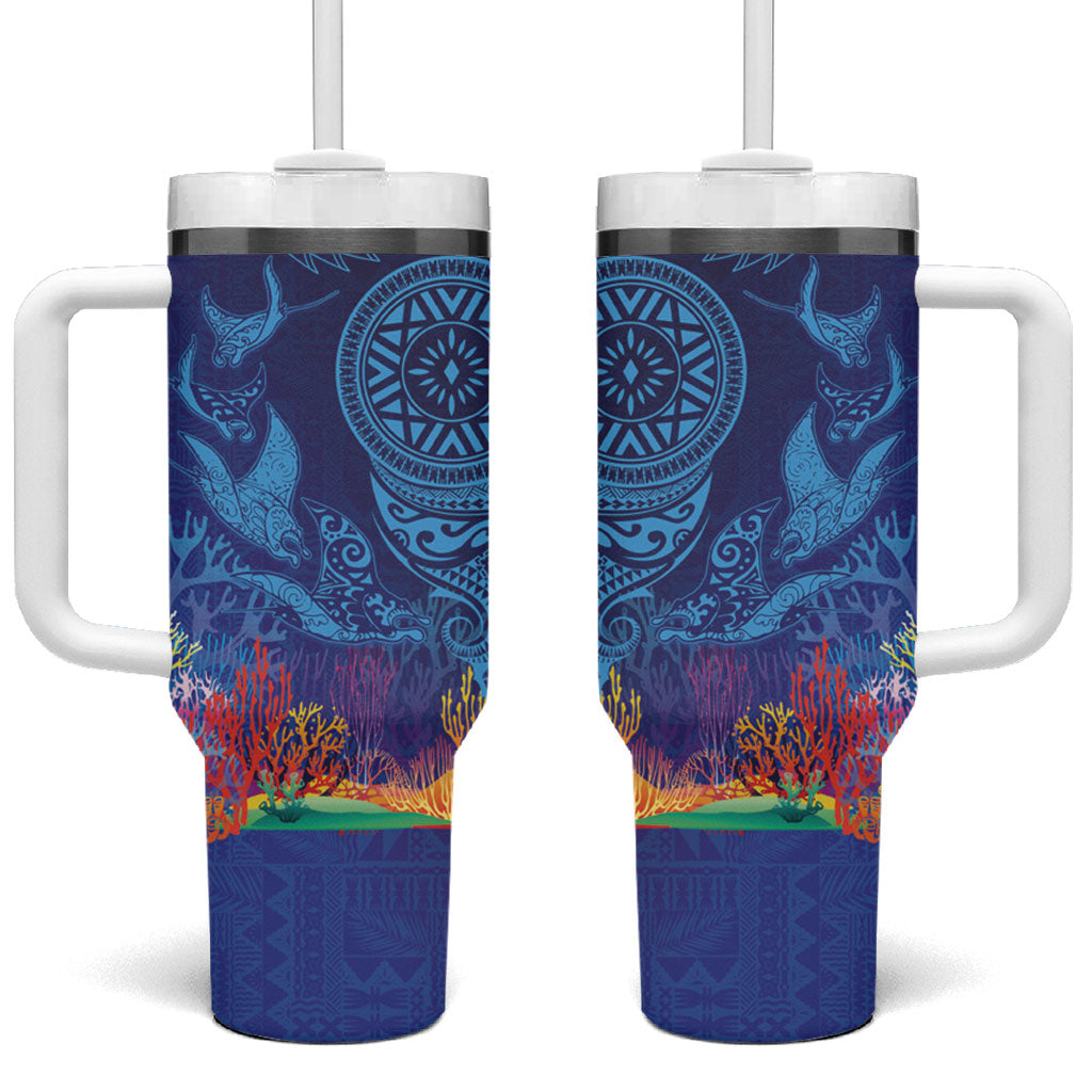 Fijian Tribal Manta Ray Tumbler With Handle Masi Motif with Coral Reef Ocean Vibe LT03 One Size: 40 oz Blue - Polynesian Pride