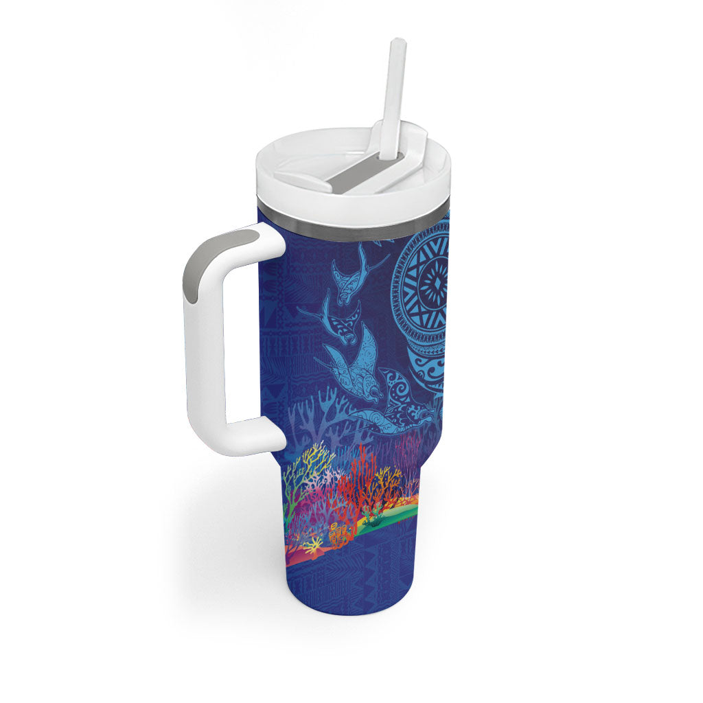 Fijian Tribal Manta Ray Tumbler With Handle Masi Motif with Coral Reef Ocean Vibe LT03 - Polynesian Pride