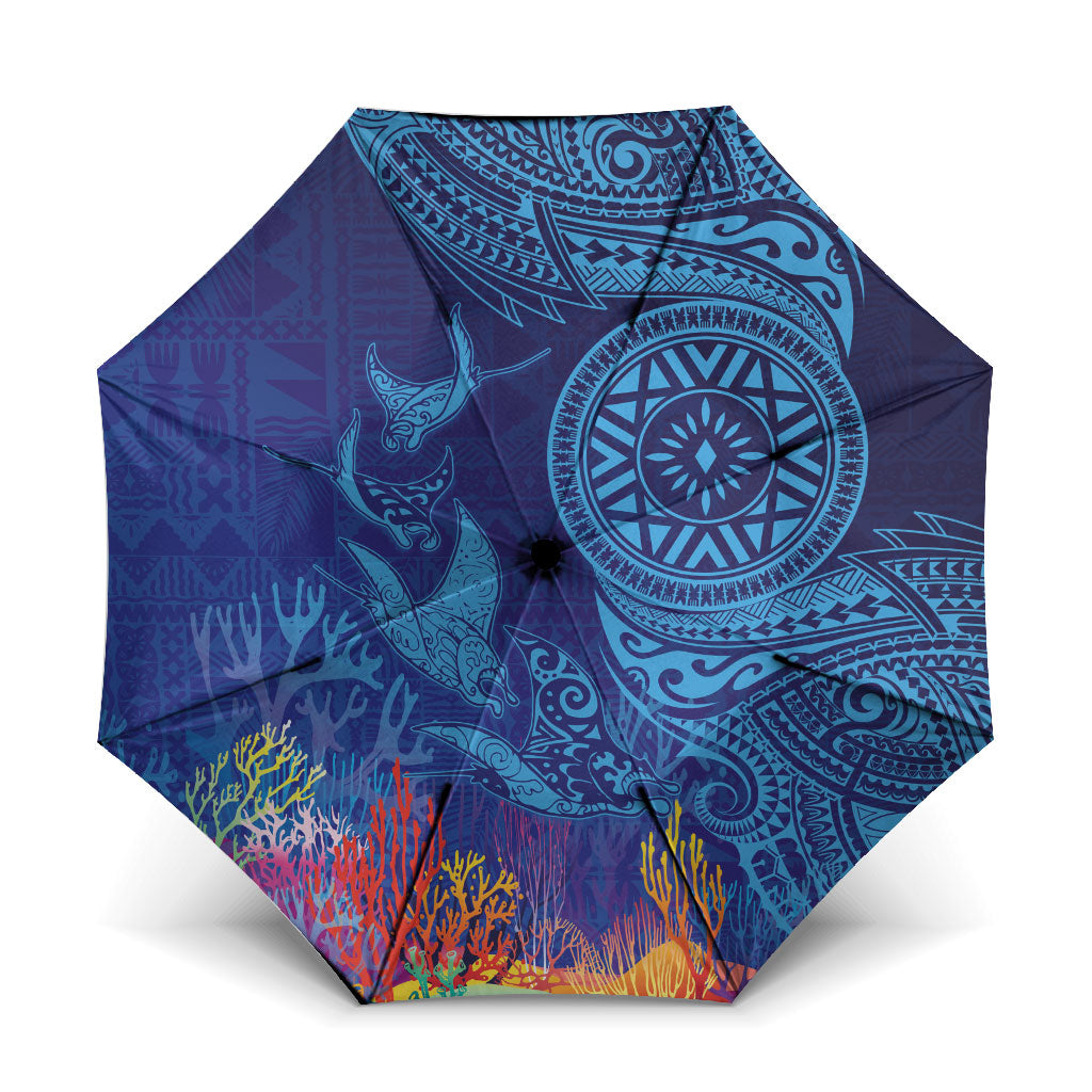 Fijian Tribal Manta Ray Umbrella Masi Motif with Coral Reef Ocean Vibe LT03 One Size Folded 11.42 inch Opened Diameter 37.4 inch Blue - Polynesian Pride