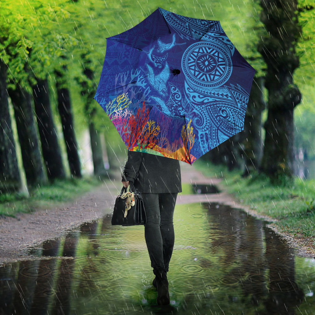 Fijian Tribal Manta Ray Umbrella Masi Motif with Coral Reef Ocean Vibe LT03 - Polynesian Pride