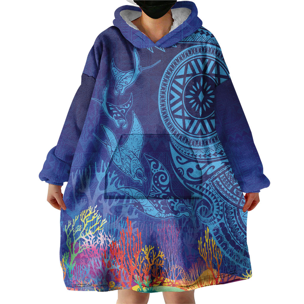Fijian Tribal Manta Ray Wearable Blanket Hoodie Masi Motif with Coral Reef Ocean Vibe LT03 - Polynesian Pride