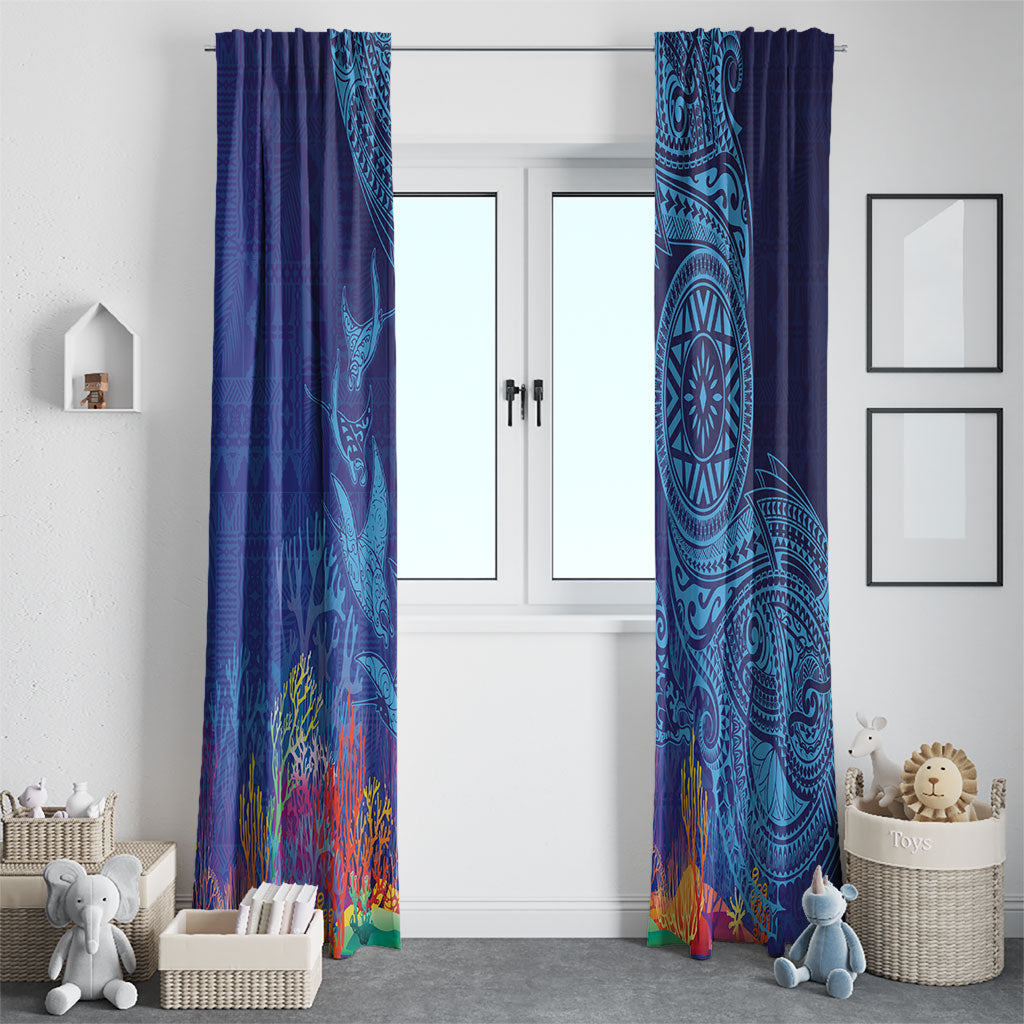 Fijian Tribal Manta Ray Window Curtain Masi Motif with Coral Reef Ocean Vibe LT03 - Polynesian Pride
