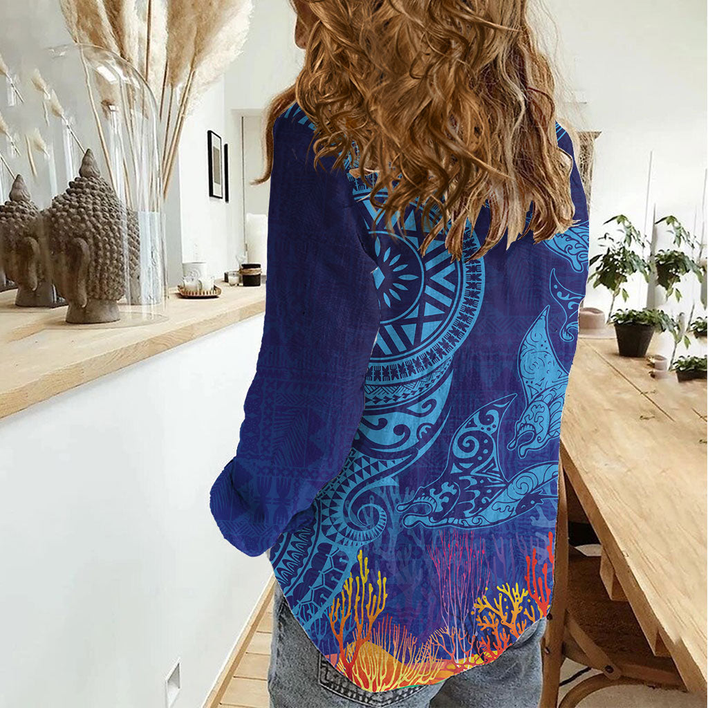 Fijian Tribal Manta Ray Women Casual Shirt Masi Motif with Coral Reef Ocean Vibe LT03 - Polynesian Pride