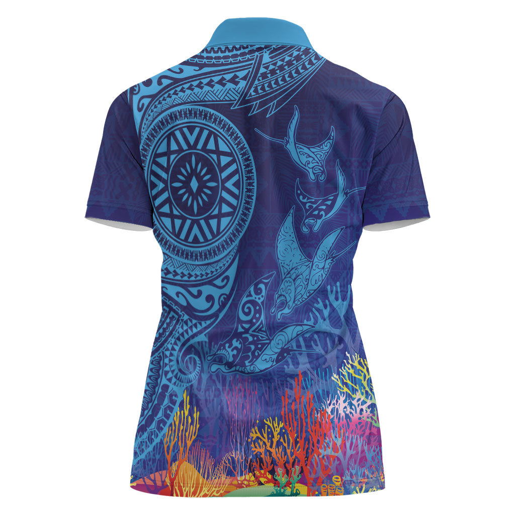 Fijian Tribal Manta Ray Women Polo Shirt Masi Motif with Coral Reef Ocean Vibe LT03 - Polynesian Pride