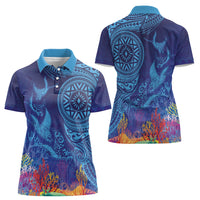 Fijian Tribal Manta Ray Women Polo Shirt Masi Motif with Coral Reef Ocean Vibe LT03 - Polynesian Pride