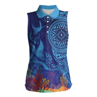 Fijian Tribal Manta Ray Women Sleeveless Polo Shirt Masi Motif with Coral Reef Ocean Vibe LT03 Female Blue - Polynesian Pride