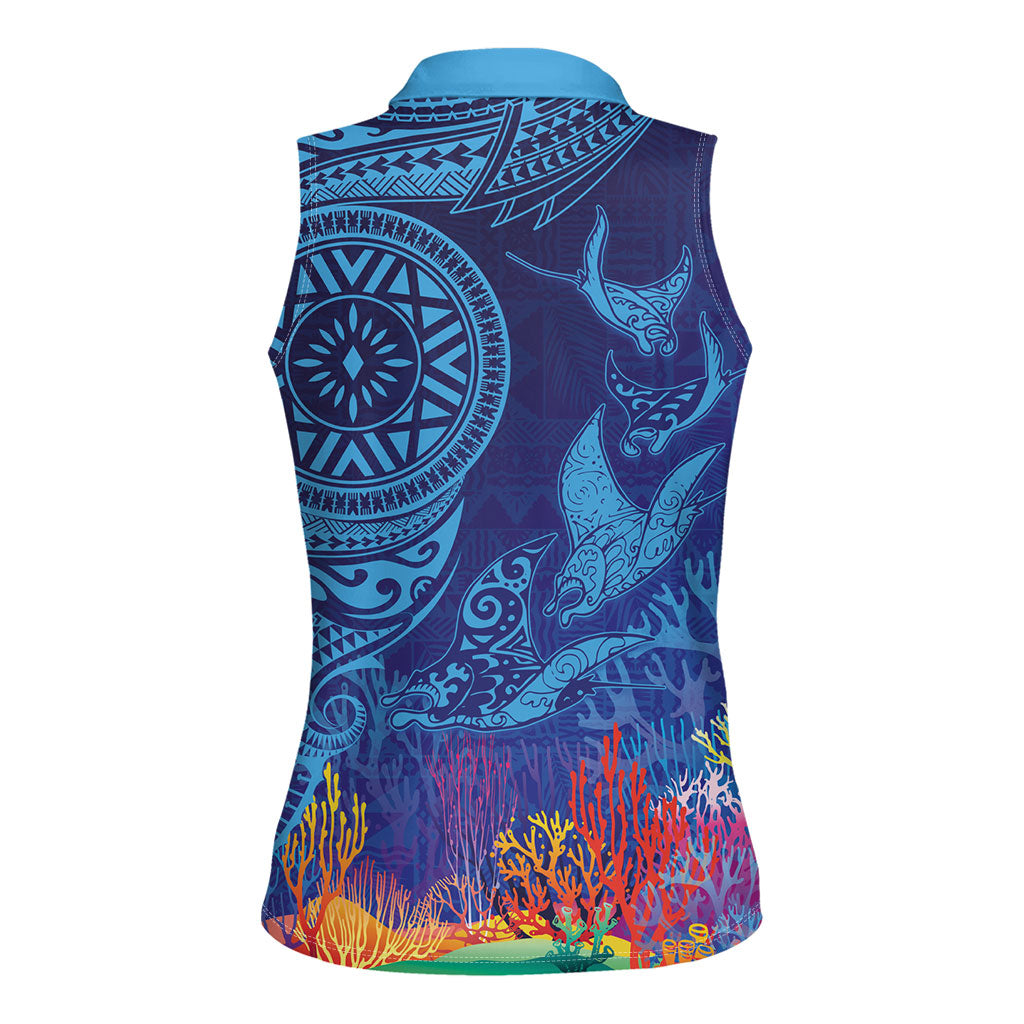 Fijian Tribal Manta Ray Women Sleeveless Polo Shirt Masi Motif with Coral Reef Ocean Vibe LT03 - Polynesian Pride