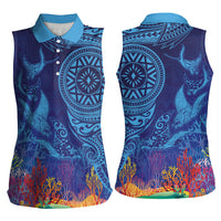 Fijian Tribal Manta Ray Women Sleeveless Polo Shirt Masi Motif with Coral Reef Ocean Vibe LT03 - Polynesian Pride
