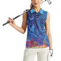 Fijian Tribal Manta Ray Women Sleeveless Polo Shirt Masi Motif with Coral Reef Ocean Vibe LT03 - Polynesian Pride