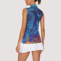 Fijian Tribal Manta Ray Women Sleeveless Polo Shirt Masi Motif with Coral Reef Ocean Vibe LT03 - Polynesian Pride