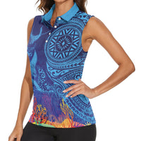 Fijian Tribal Manta Ray Women Sleeveless Polo Shirt Masi Motif with Coral Reef Ocean Vibe LT03 - Polynesian Pride