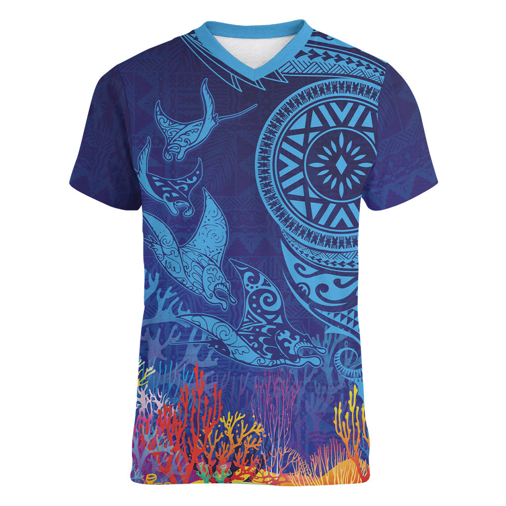 Fijian Tribal Manta Ray Women V-Neck T-Shirt Masi Motif with Coral Reef Ocean Vibe LT03 Female Blue - Polynesian Pride