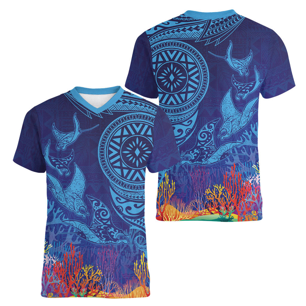 Fijian Tribal Manta Ray Women V-Neck T-Shirt Masi Motif with Coral Reef Ocean Vibe LT03 - Polynesian Pride