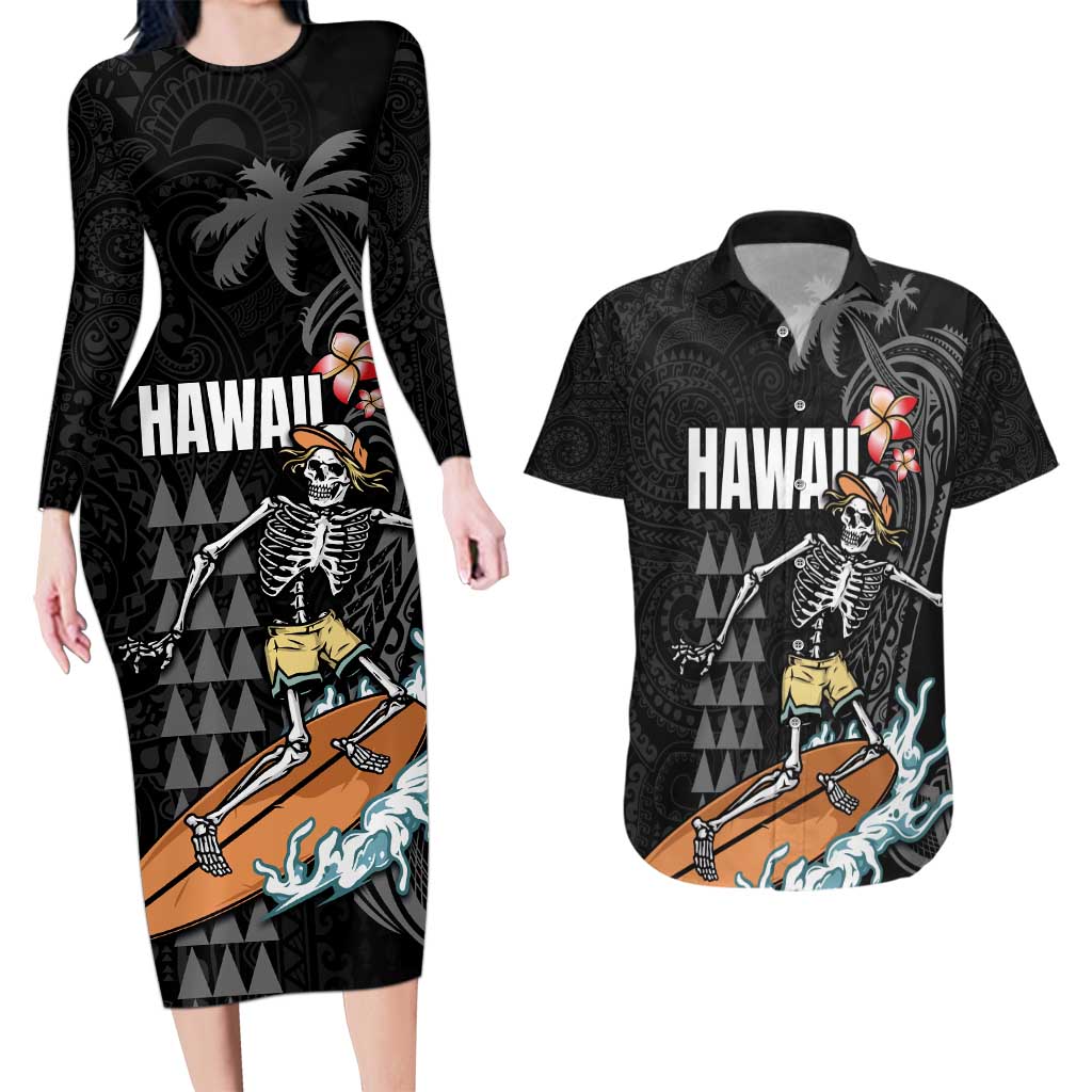 Hawaiian Halloween Skeleton Surfing Couples Matching Long Sleeve Bodycon Dress and Hawaiian Shirt Polynesian Tribal Tattoo and Hawaiian Pattern LT03 Black - Polynesian Pride