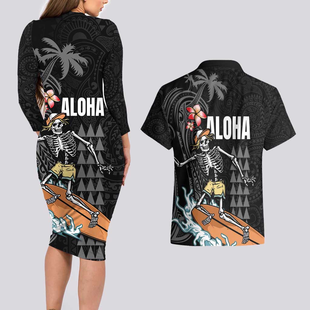Hawaiian Halloween Skeleton Surfing Couples Matching Long Sleeve Bodycon Dress and Hawaiian Shirt Polynesian Tribal Tattoo and Hawaiian Pattern LT03 - Polynesian Pride