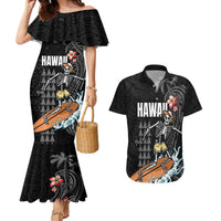 Hawaiian Halloween Skeleton Surfing Couples Matching Mermaid Dress and Hawaiian Shirt Polynesian Tribal Tattoo and Hawaiian Pattern LT03 Black - Polynesian Pride