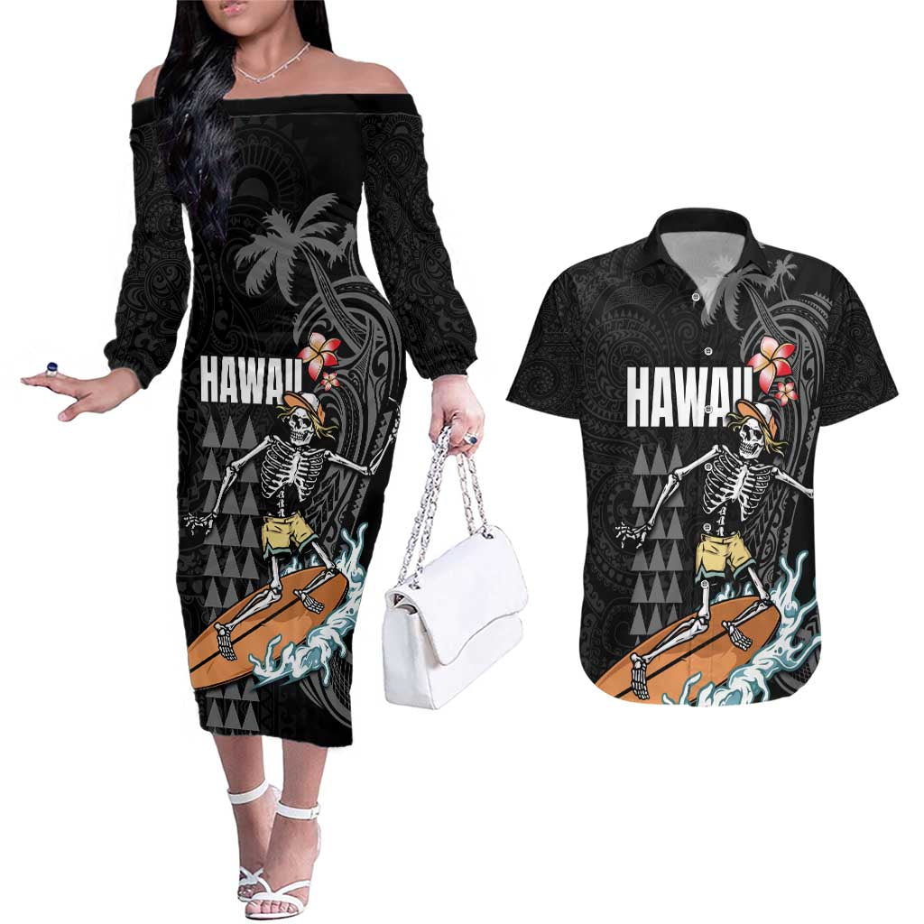 Hawaiian Halloween Skeleton Surfing Couples Matching Off The Shoulder Long Sleeve Dress and Hawaiian Shirt Polynesian Tribal Tattoo and Hawaiian Pattern LT03 Black - Polynesian Pride