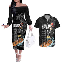 Hawaiian Halloween Skeleton Surfing Couples Matching Off The Shoulder Long Sleeve Dress and Hawaiian Shirt Polynesian Tribal Tattoo and Hawaiian Pattern LT03 Black - Polynesian Pride