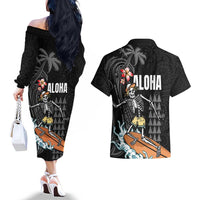 Hawaiian Halloween Skeleton Surfing Couples Matching Off The Shoulder Long Sleeve Dress and Hawaiian Shirt Polynesian Tribal Tattoo and Hawaiian Pattern LT03 - Polynesian Pride