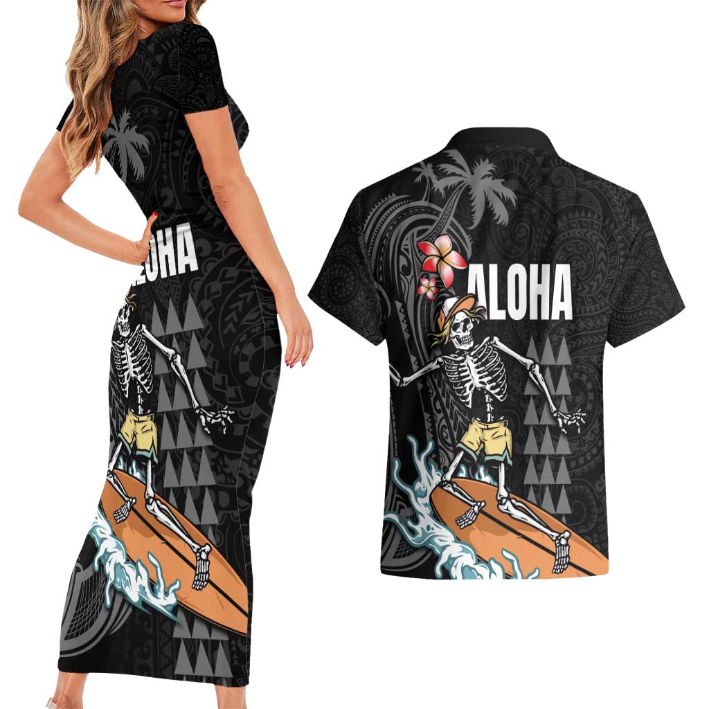 Hawaiian Halloween Skeleton Surfing Couples Matching Short Sleeve Bodycon Dress and Hawaiian Shirt Polynesian Tribal Tattoo and Hawaiian Pattern LT03 - Polynesian Pride
