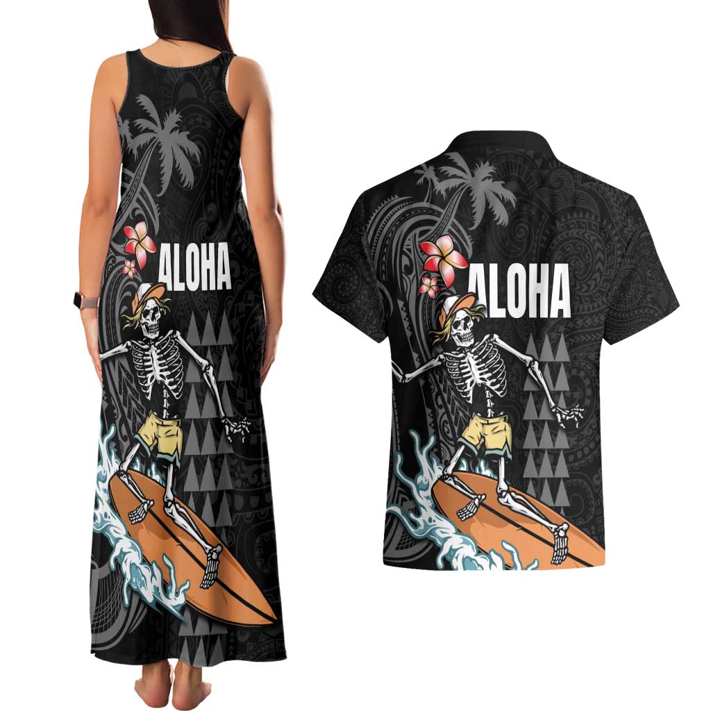 Hawaiian Halloween Skeleton Surfing Couples Matching Tank Maxi Dress and Hawaiian Shirt Polynesian Tribal Tattoo and Hawaiian Pattern