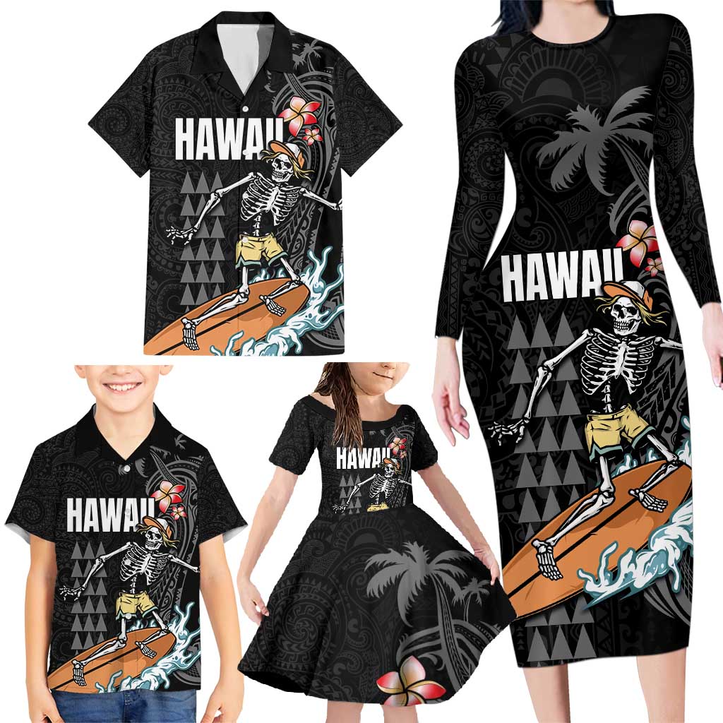 Hawaiian Halloween Skeleton Surfing Family Matching Long Sleeve Bodycon Dress and Hawaiian Shirt Polynesian Tribal Tattoo and Hawaiian Pattern LT03 - Polynesian Pride