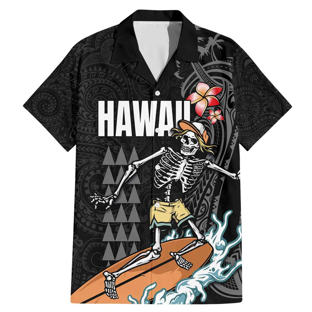Hawaiian Halloween Skeleton Surfing Family Matching Mermaid Dress and Hawaiian Shirt Polynesian Tribal Tattoo and Hawaiian Pattern LT03 Dad's Shirt - Short Sleeve Black - Polynesian Pride